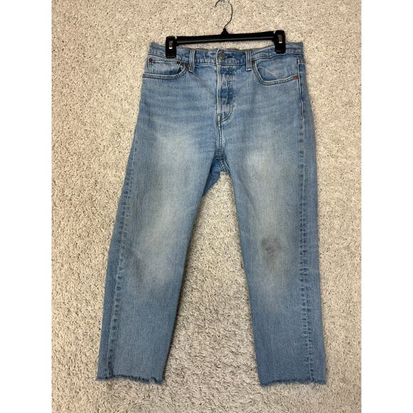 Levis Jeans Womens 31 Light Blue Denim Button Fly Stretch Raw Hem Straight 31x26 - Picture 1 of 11